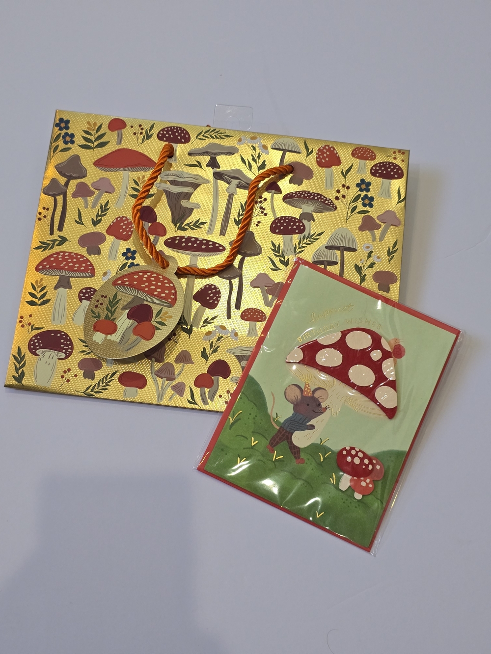 Gold Mushroom Toadstool Giftbag With Birthday Card